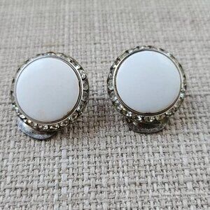 Vintage Earrings White Clip On Stud Round Crystals Accent Jewelry